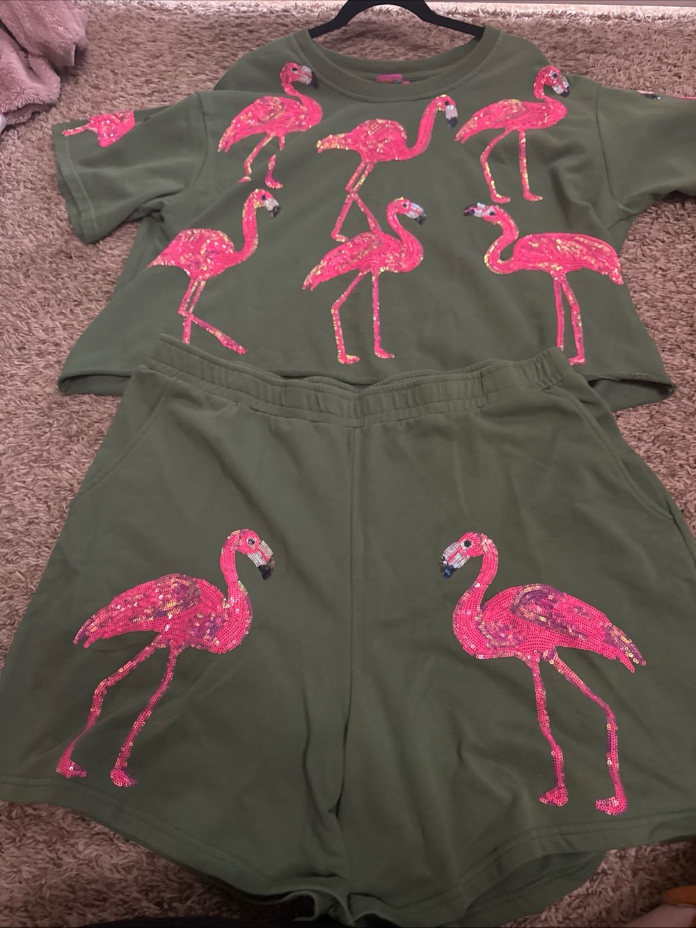 QUEEN OF SPARKLES Olive Green Flamingo Embroidered Shorts and Top XXL